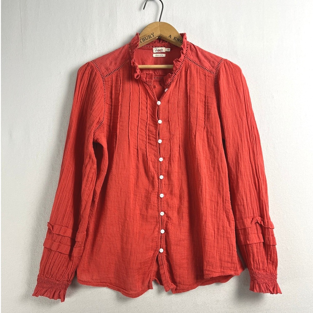 Faherty Willa Top Red Organic Cotton Gauze Ruffle Button Down Blouse WTC0001-CAE